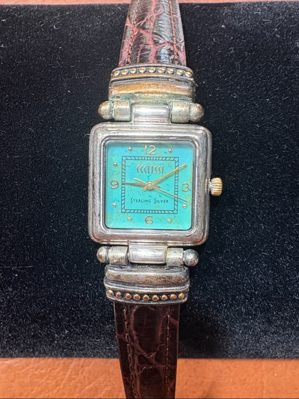 Ecclissi Ladies Sterling Watch Turquoise Tone Face Dark brown Leather Band